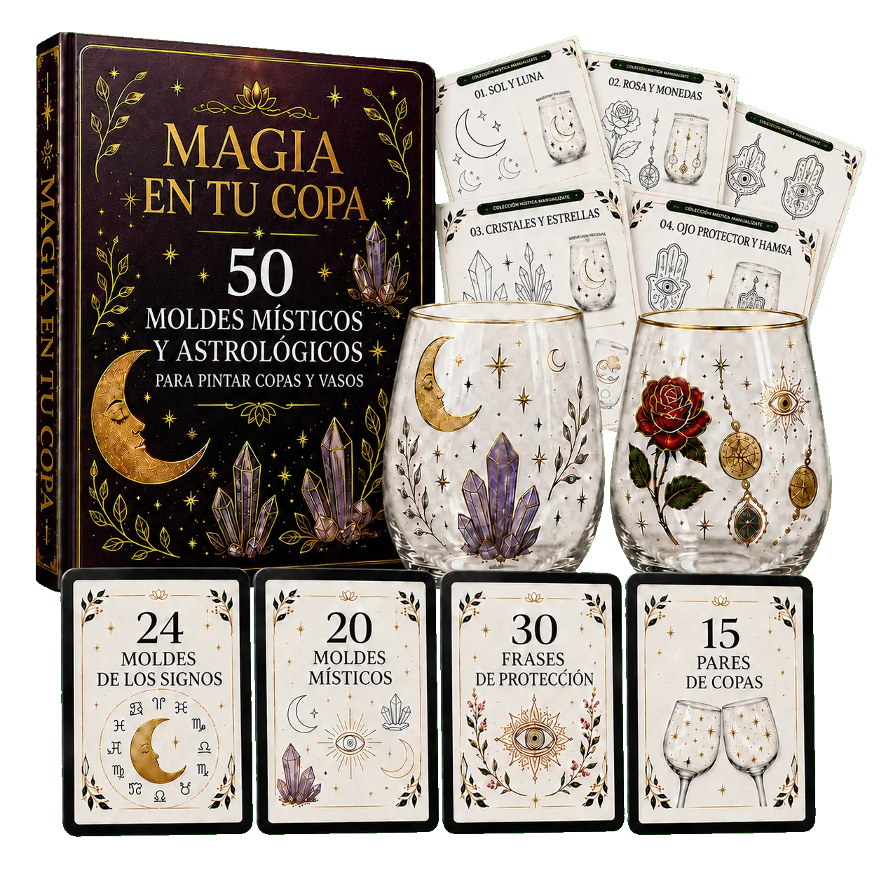 Mockup de Magia en tu Copa con los moldes místicos y astrológicos y los cuatro bonos