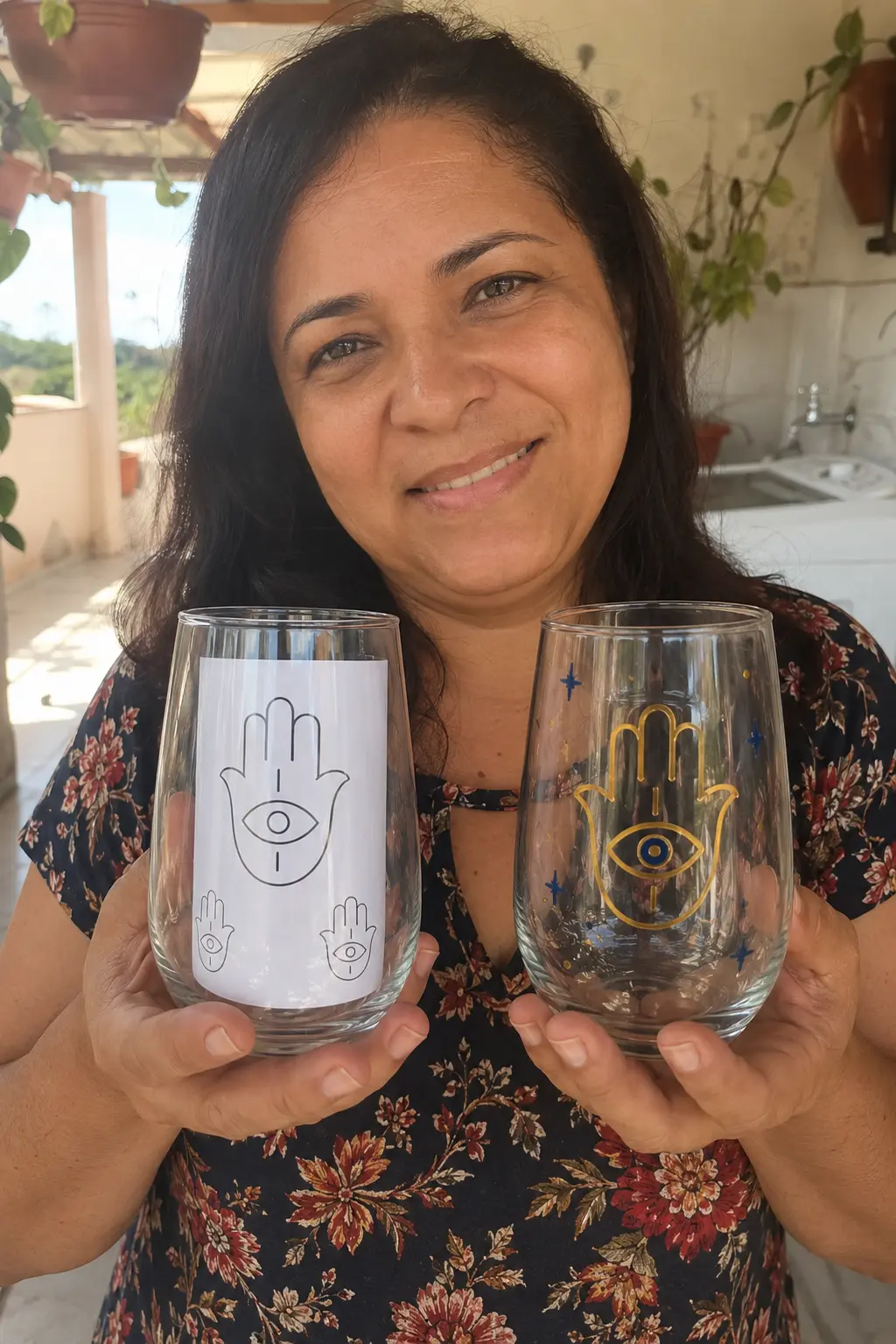 Mujer sosteniendo dos copas con mano de Fátima: el molde y la pieza pintada