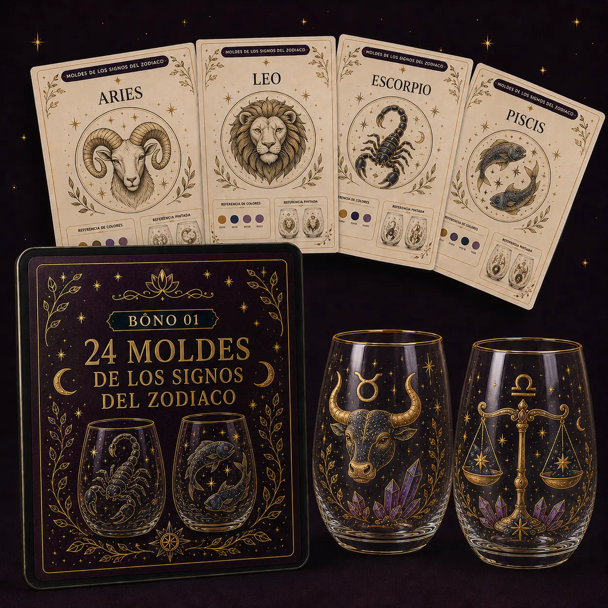 Colección de moldes de los signos del zodiaco para pintar copas y vasos
