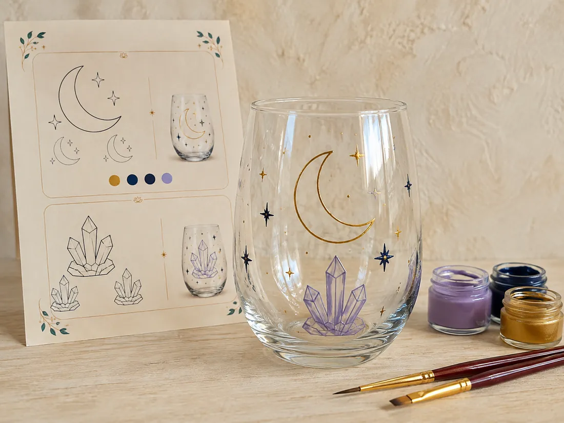 Copa pintada a mano con luna y cristales junto a la lámina del molde