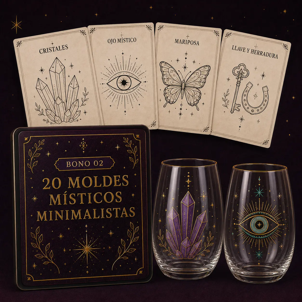 Moldes místicos minimalistas para pintar copas y vasos