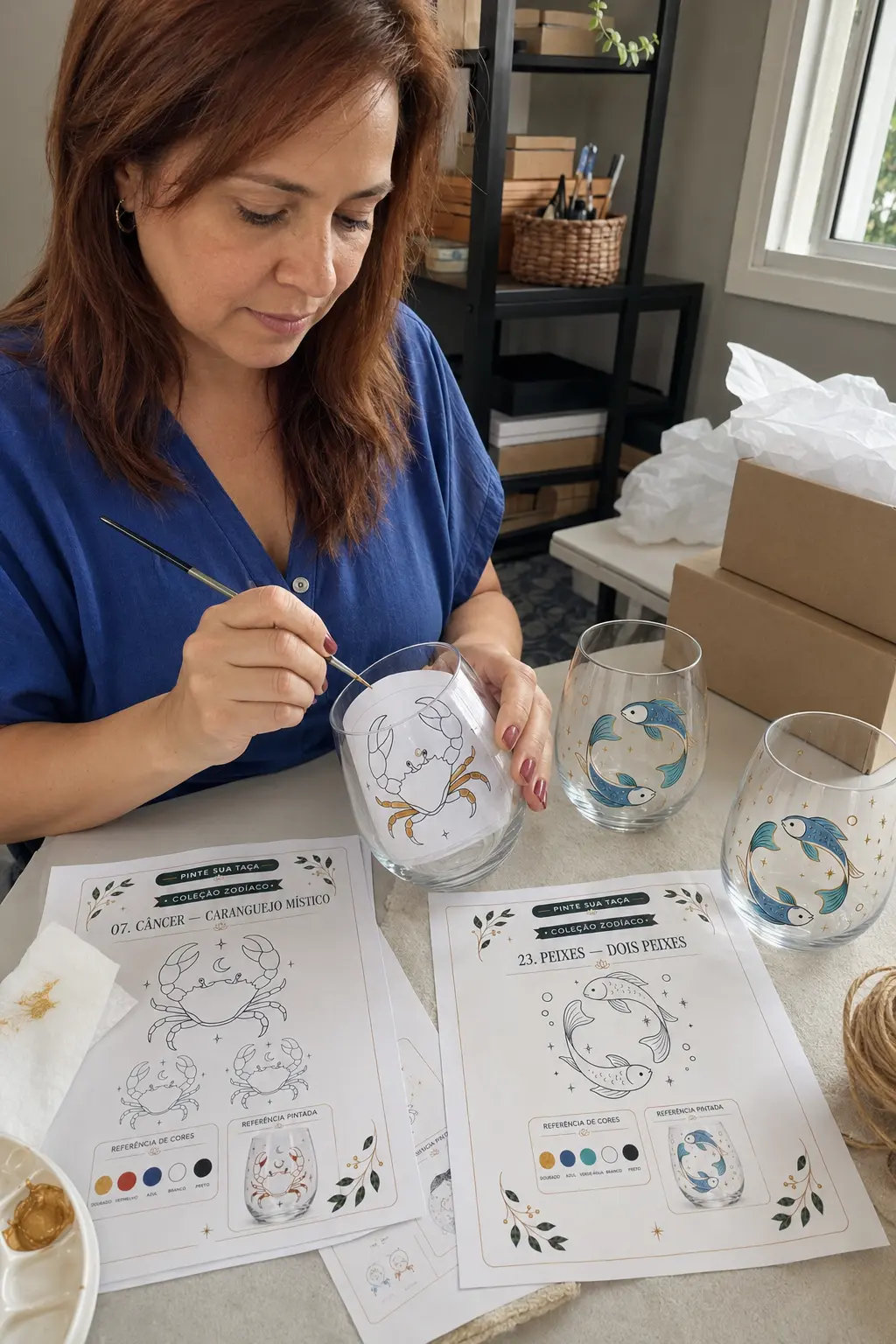 Mujer pintando copas del zodiaco con las láminas de los moldes sobre la mesa